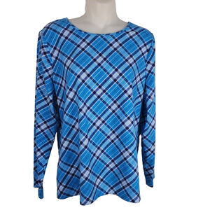 Talbots Women Tee Tinsel Plaid Crew Neck Size LP Cotton Stretch Long Sleeve Blue